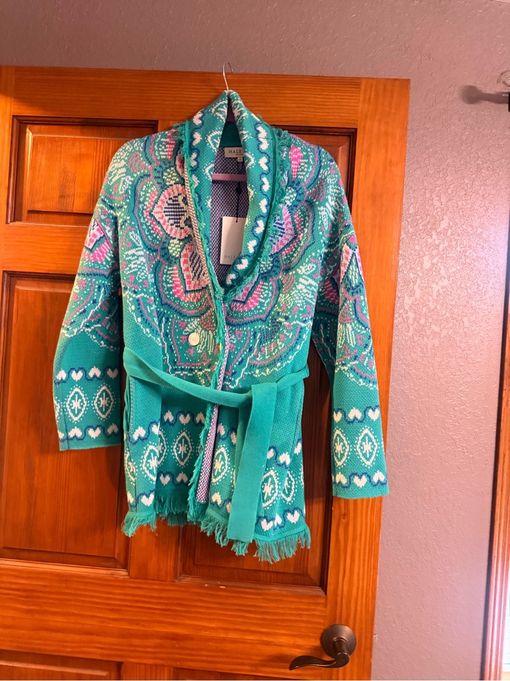 Teal Patterned Belted Shawl-Collar Knit cardigan